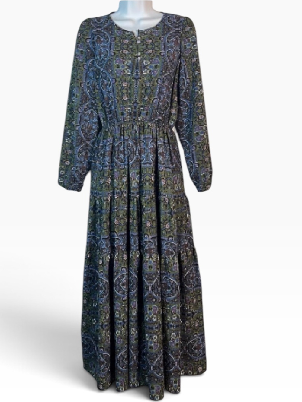 Earthbound blue green paisley floral long sleeve tiered maxi dress boho modest